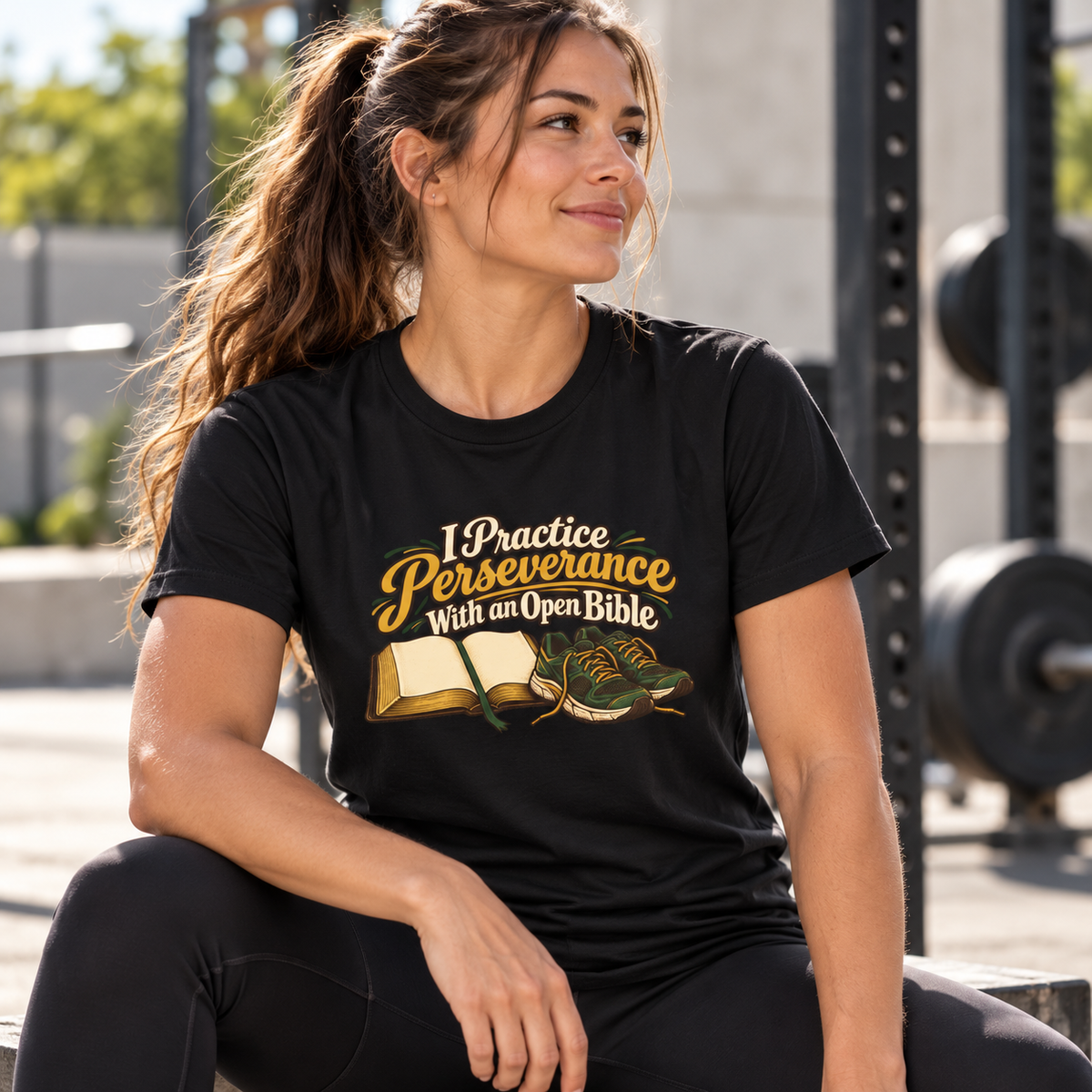 Female lifestyle mockup — I Practice Perseverance with an Open Bible T-Shirt