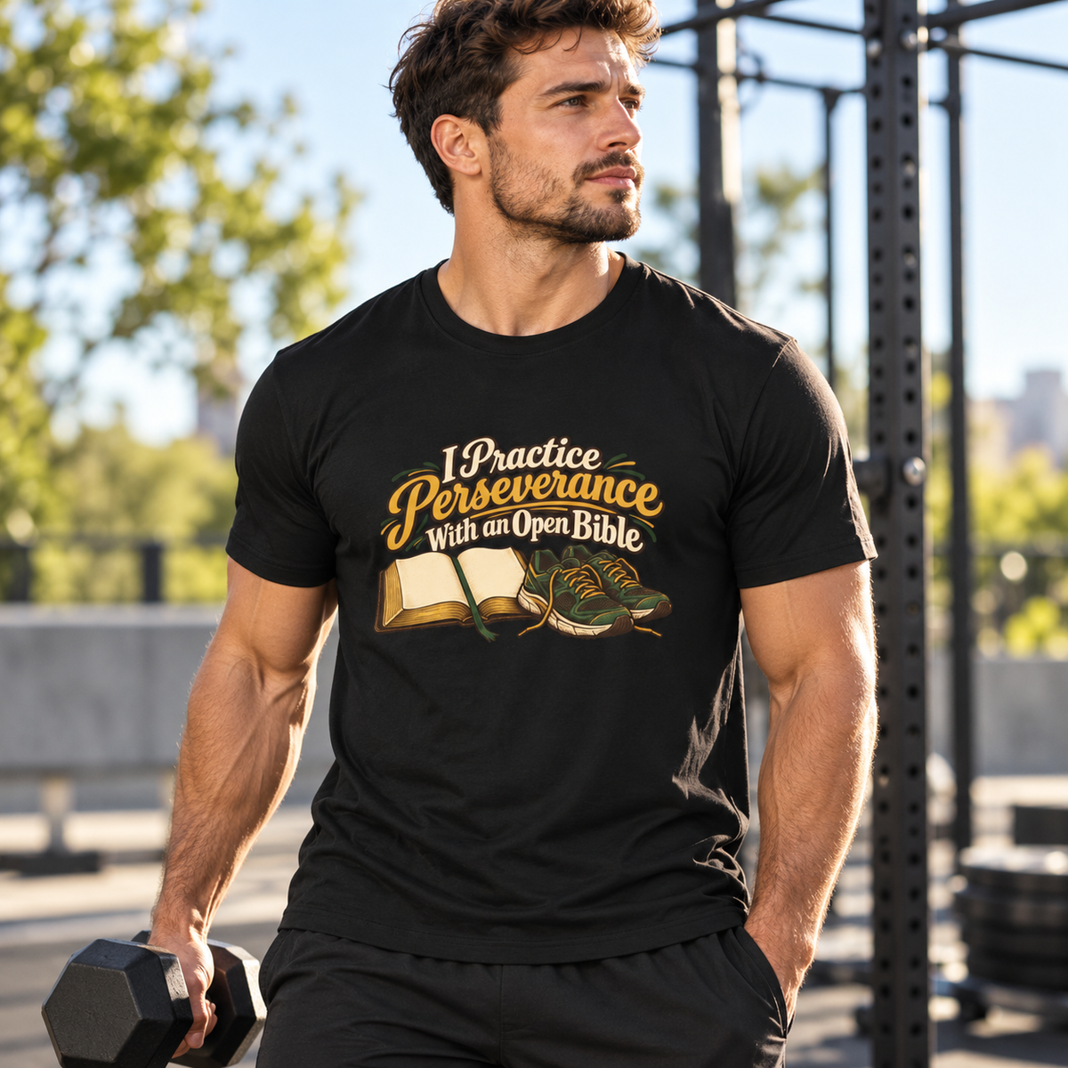 Male lifestyle mockup — I Practice Perseverance with an Open Bible T-Shirt