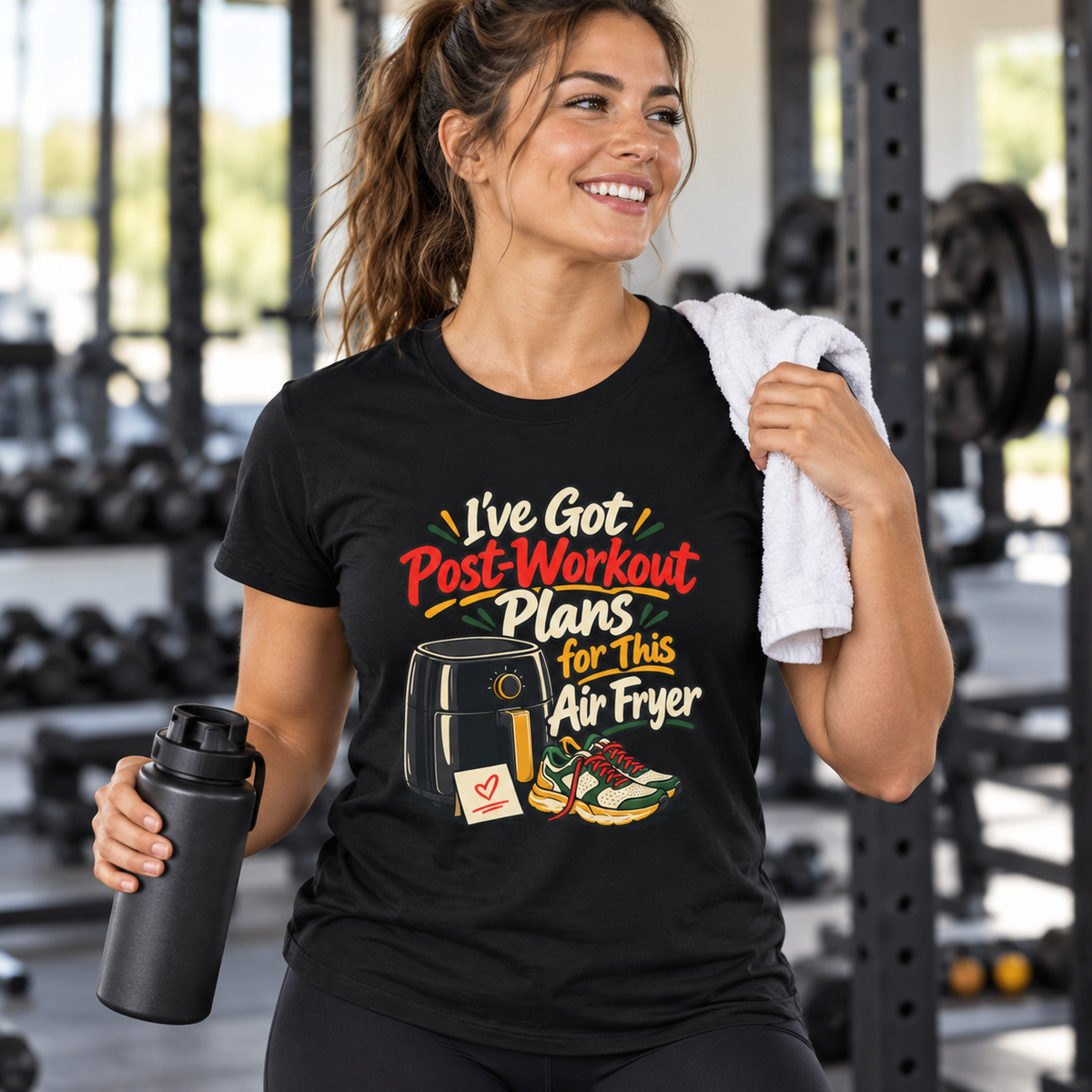 Female lifestyle mockup — I've Got Post-Workout Plans for This Air Fryer T-Shirt