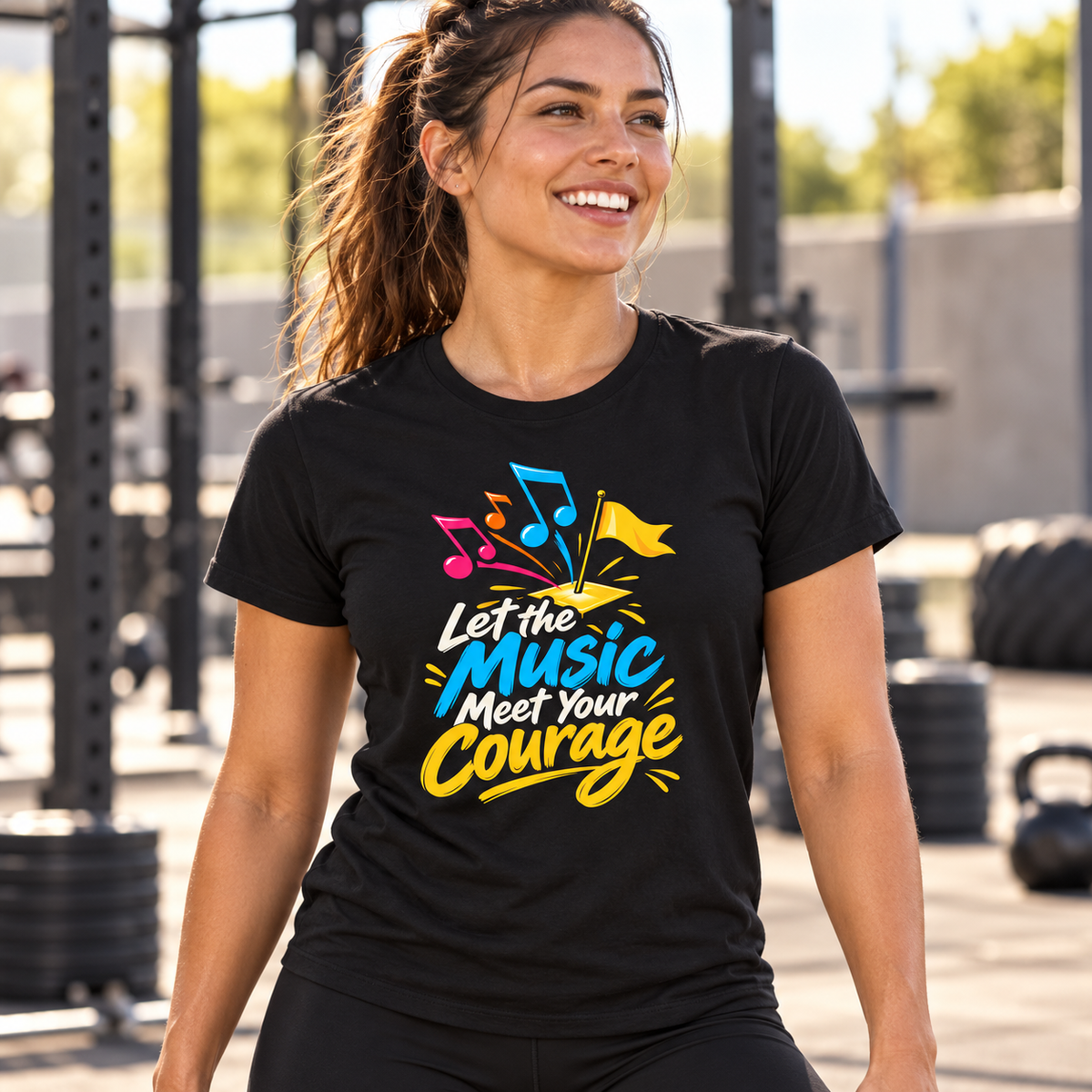 Female lifestyle mockup — Let the Music Meet Your Courage T-Shirt