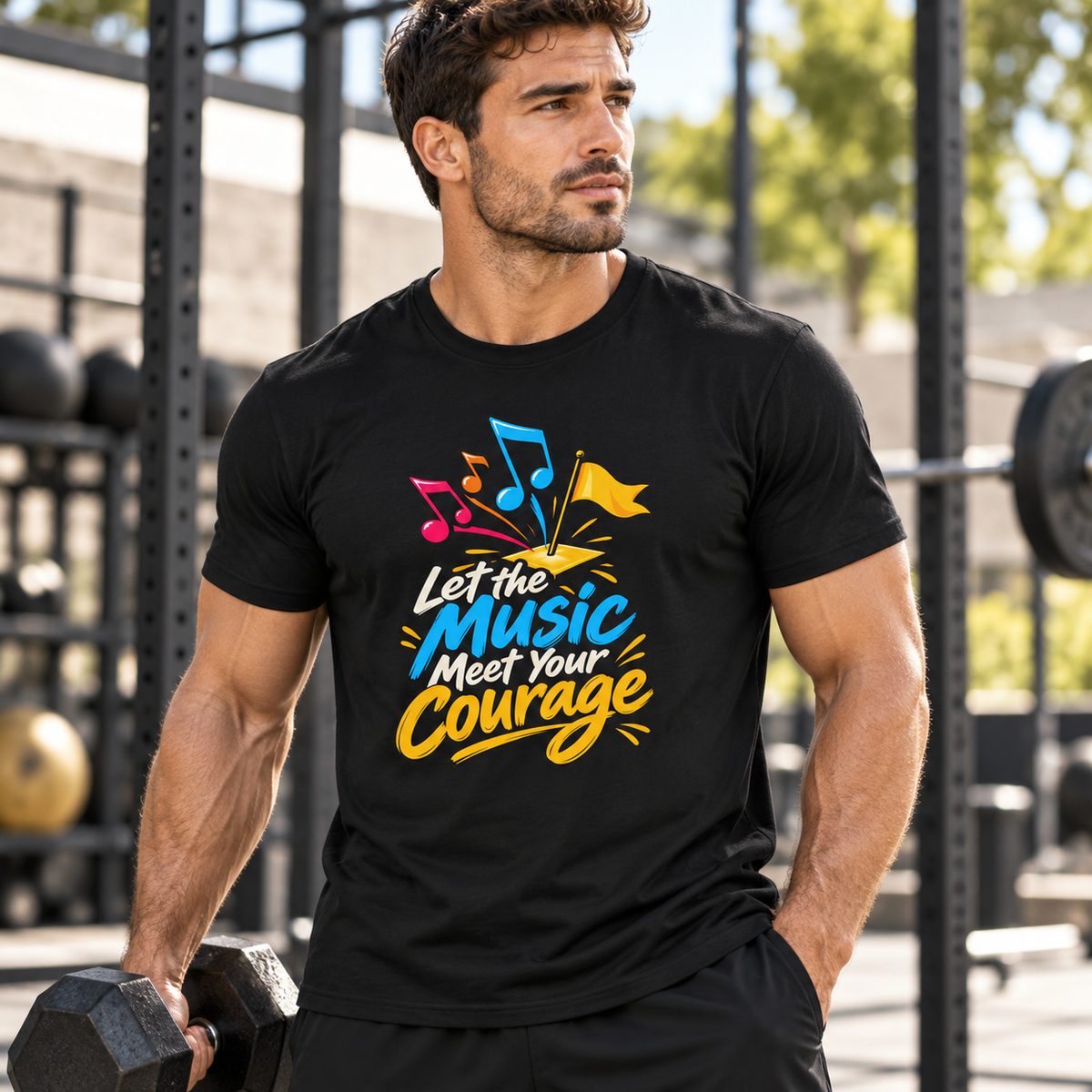 Male lifestyle mockup — Let the Music Meet Your Courage T-Shirt