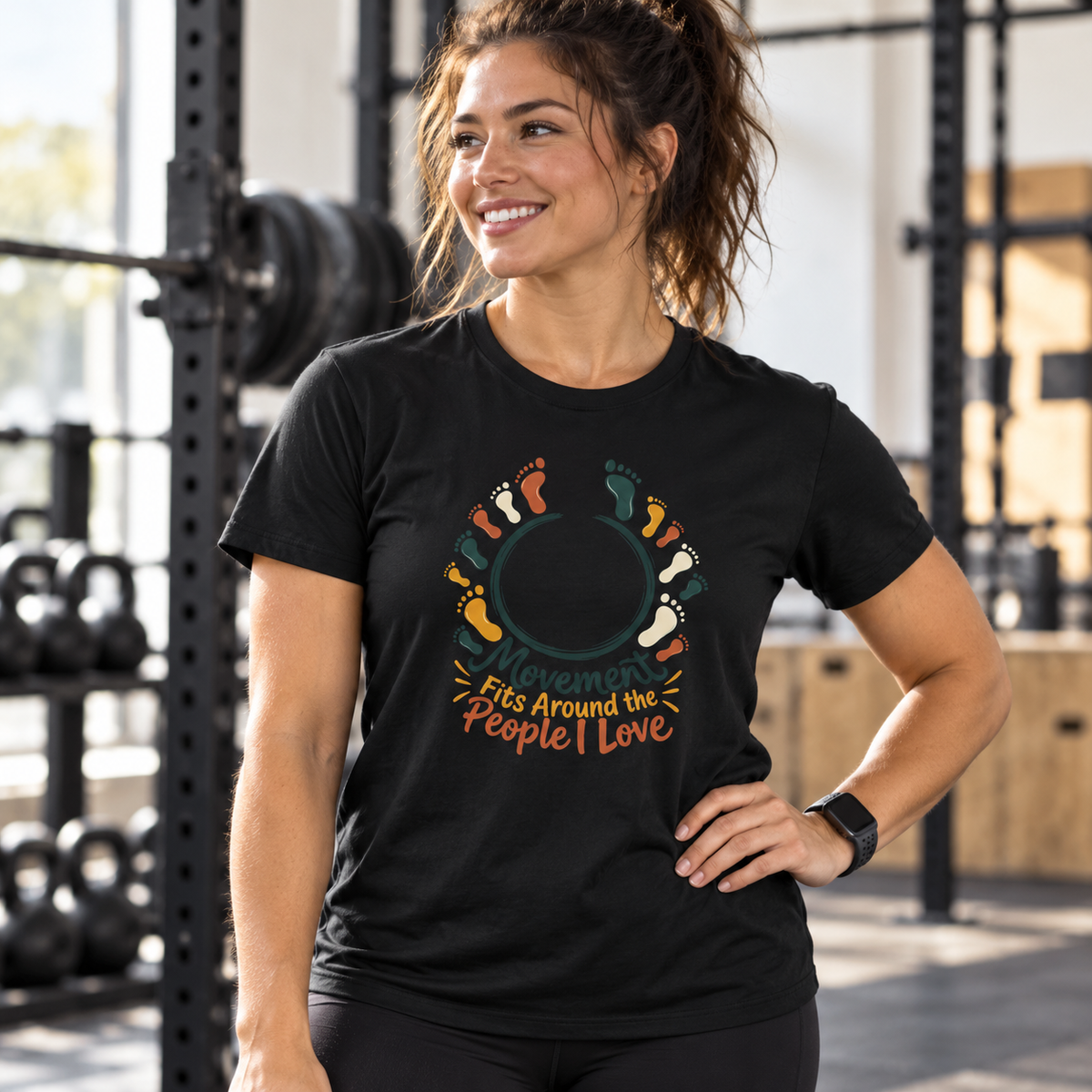Female lifestyle mockup — Movement Fits Around the People I Love T-Shirt