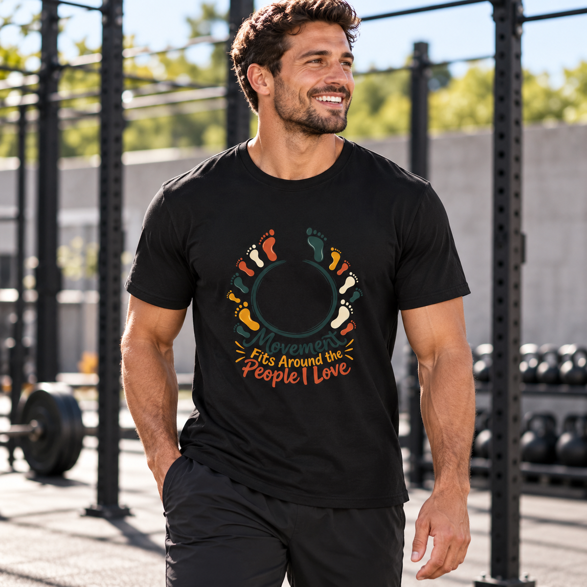 Male lifestyle mockup — Movement Fits Around the People I Love T-Shirt