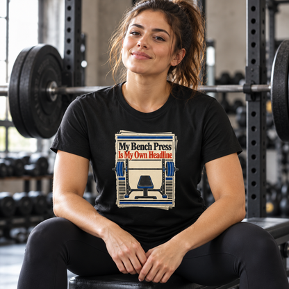 Female lifestyle mockup — My Bench Press Is My Own Headline T-Shirt