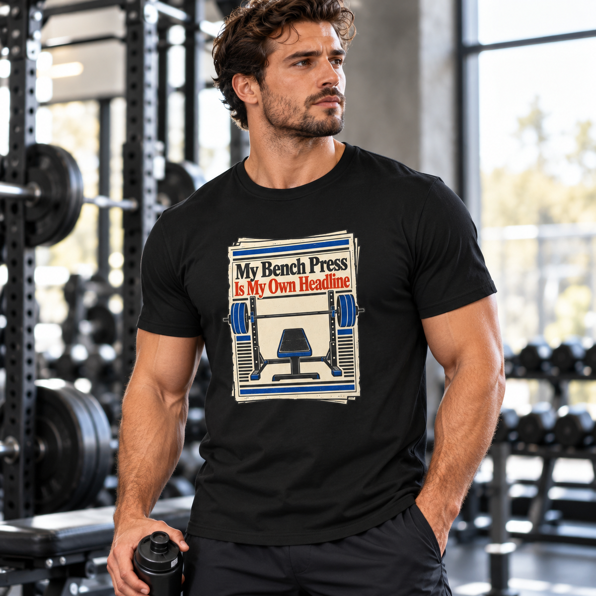 Male lifestyle mockup — My Bench Press Is My Own Headline T-Shirt