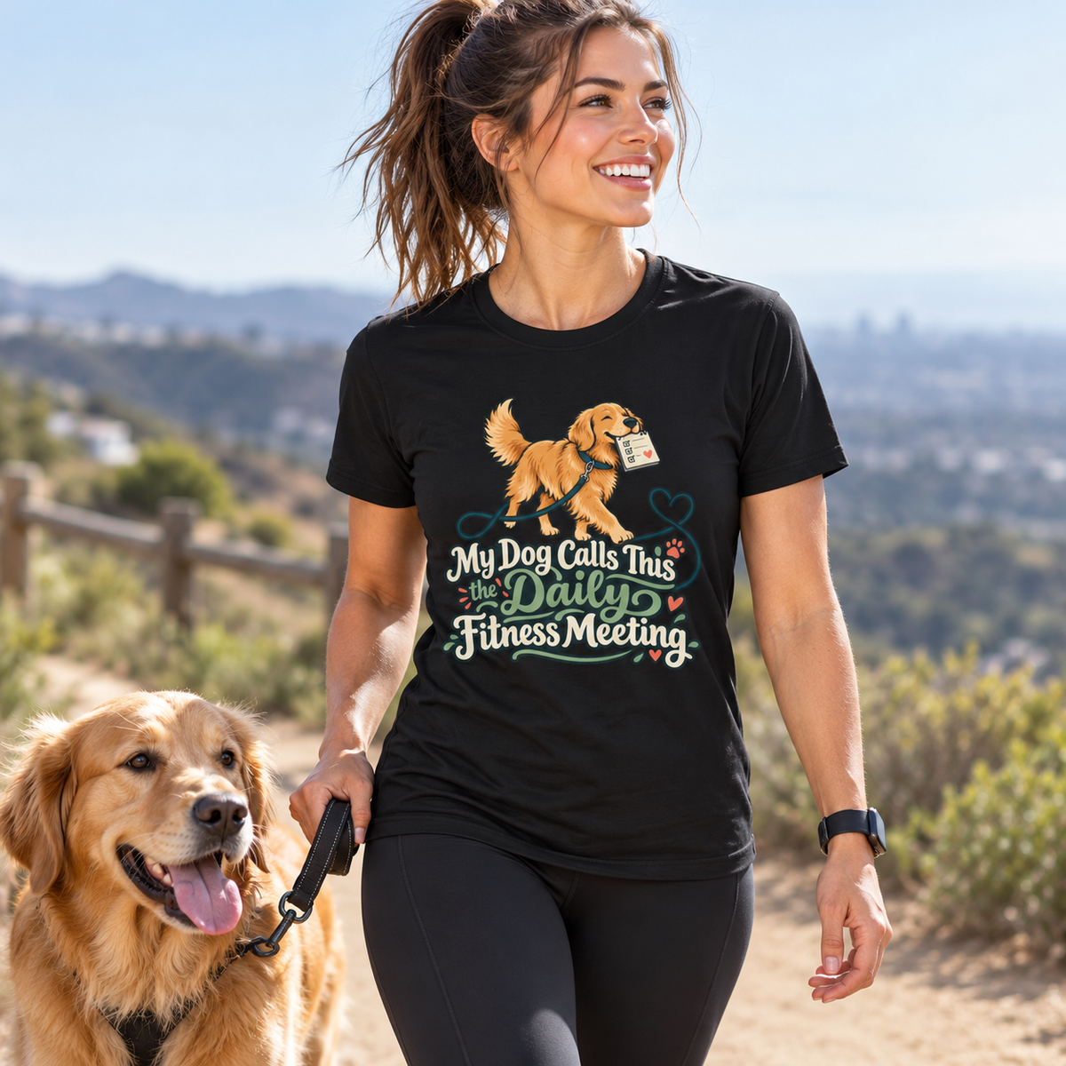 Female lifestyle mockup — My Dog Calls This the Daily Fitness Meeting T-Shirt
