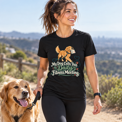 Female lifestyle mockup — My Dog Calls This the Daily Fitness Meeting T-Shirt