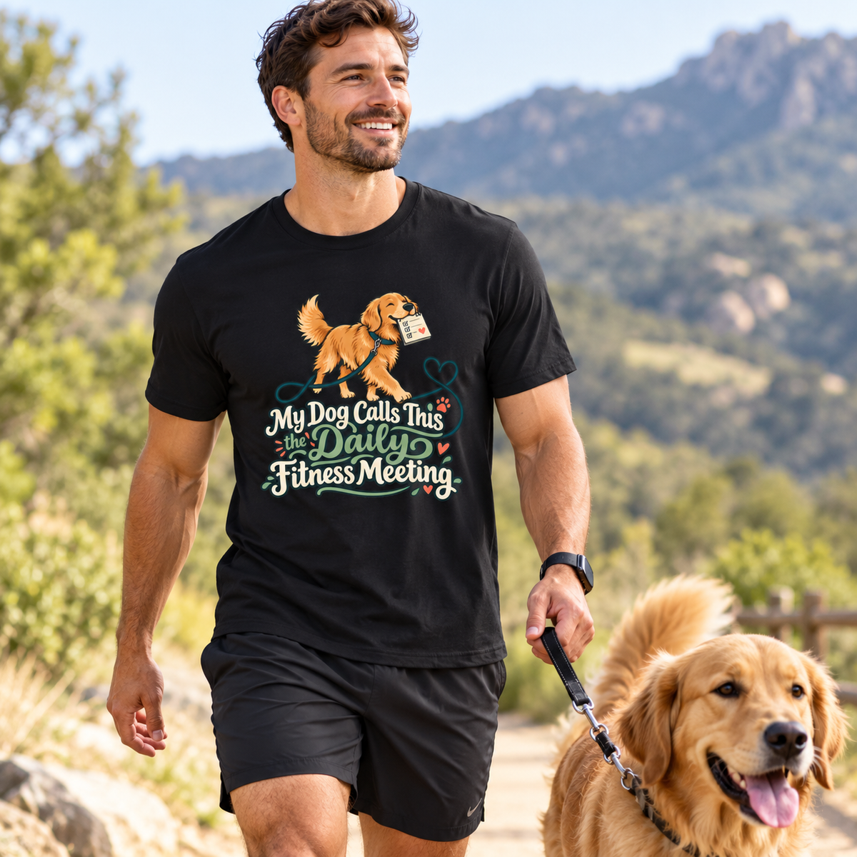 Male lifestyle mockup — My Dog Calls This the Daily Fitness Meeting T-Shirt