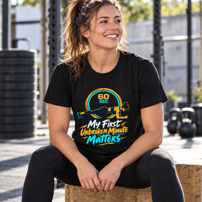 Female lifestyle mockup — My First Unbroken Minute Matters T-Shirt