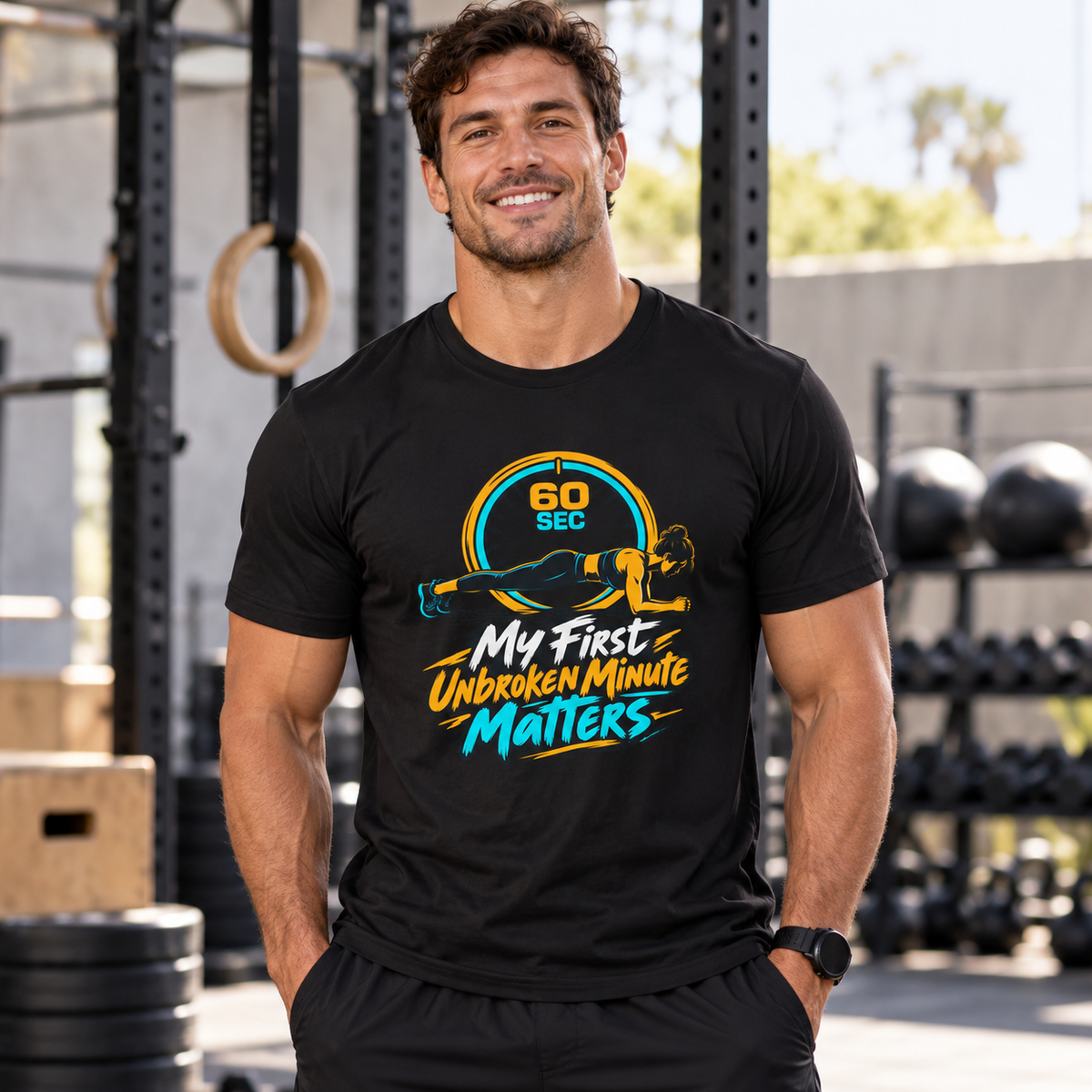 Male lifestyle mockup — My First Unbroken Minute Matters T-Shirt