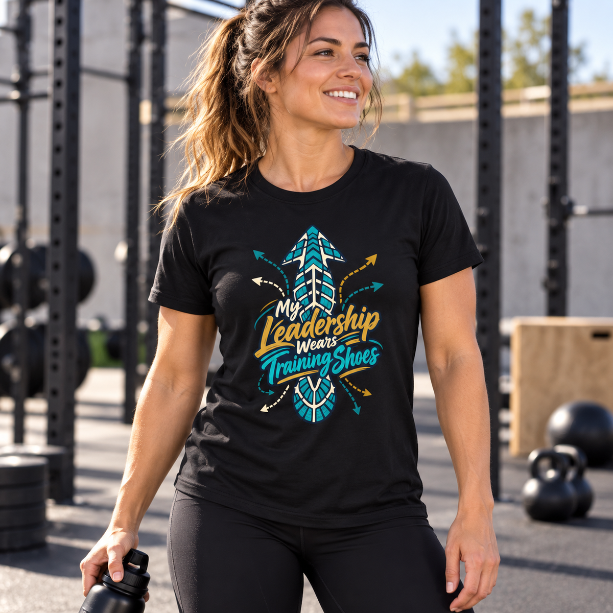 Female lifestyle mockup — My Leadership Wears Training Shoes T-Shirt