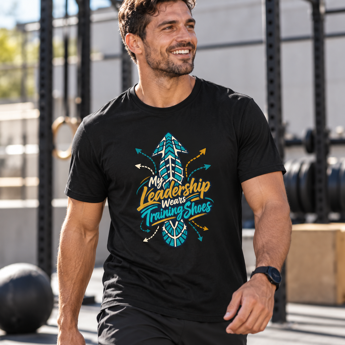 Male lifestyle mockup — My Leadership Wears Training Shoes T-Shirt