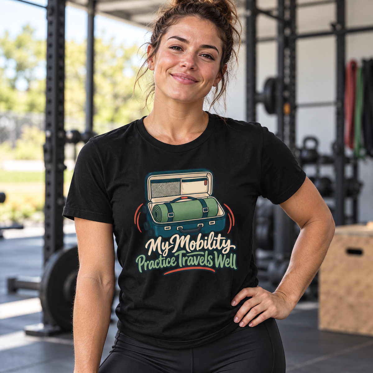 Female lifestyle mockup — My Mobility Practice Travels Well T-Shirt