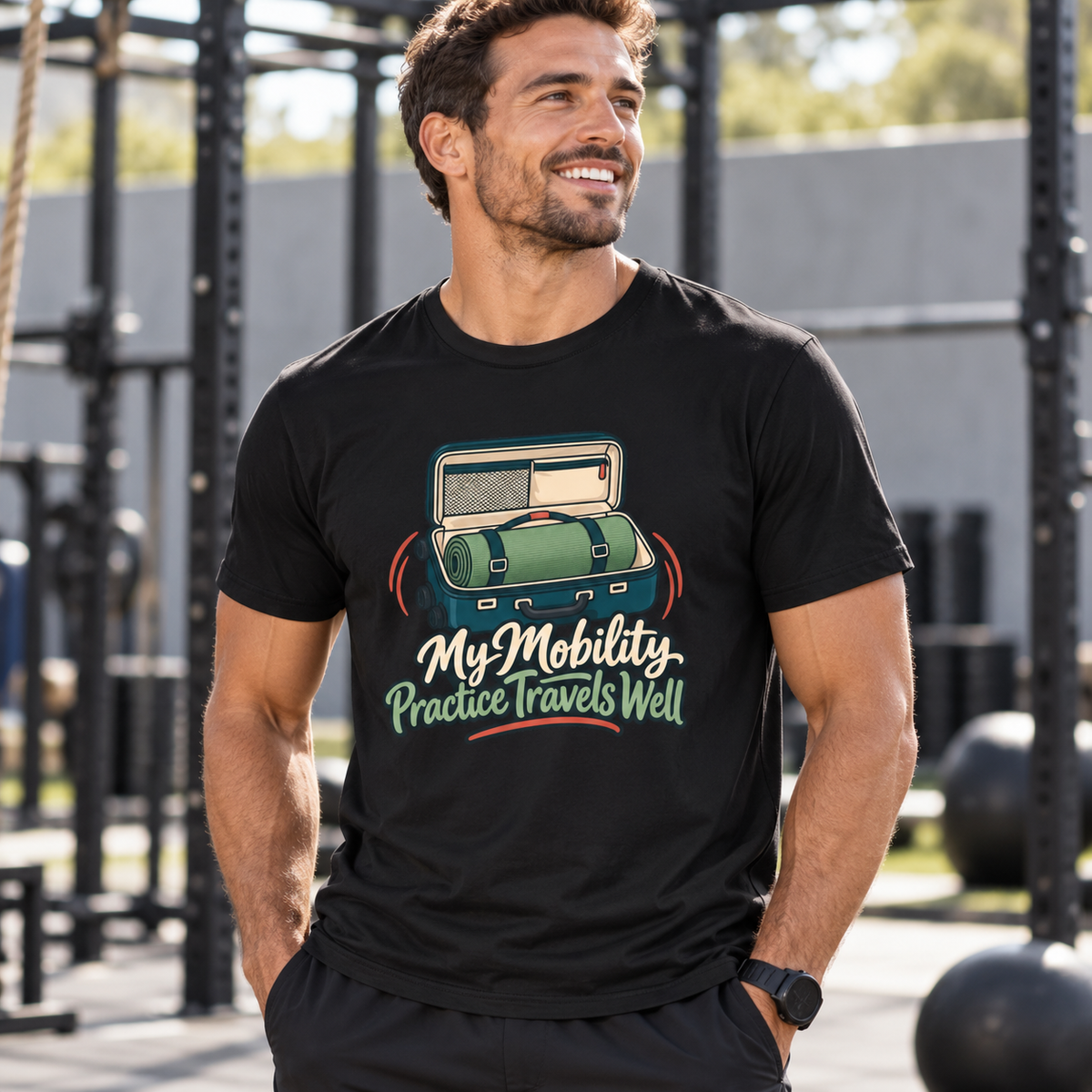 Male lifestyle mockup — My Mobility Practice Travels Well T-Shirt