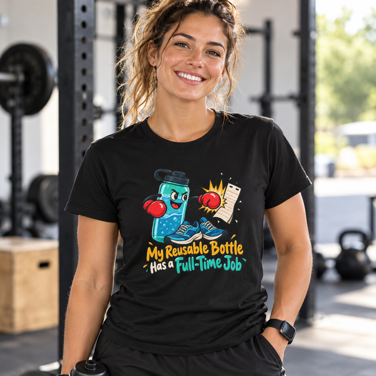 Female lifestyle mockup — My Reusable Bottle Has a Full-Time Job T-Shirt