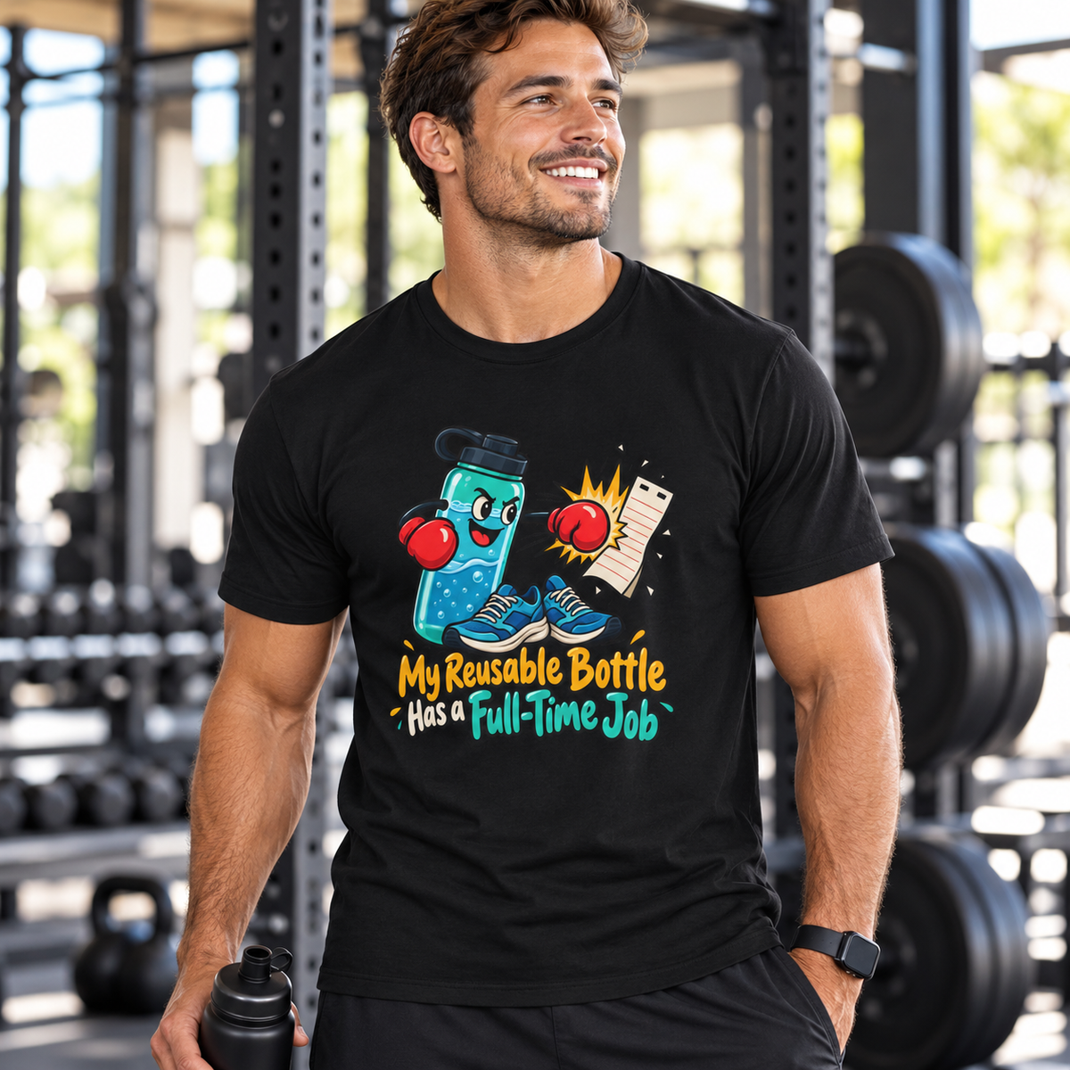 Male lifestyle mockup — My Reusable Bottle Has a Full-Time Job T-Shirt