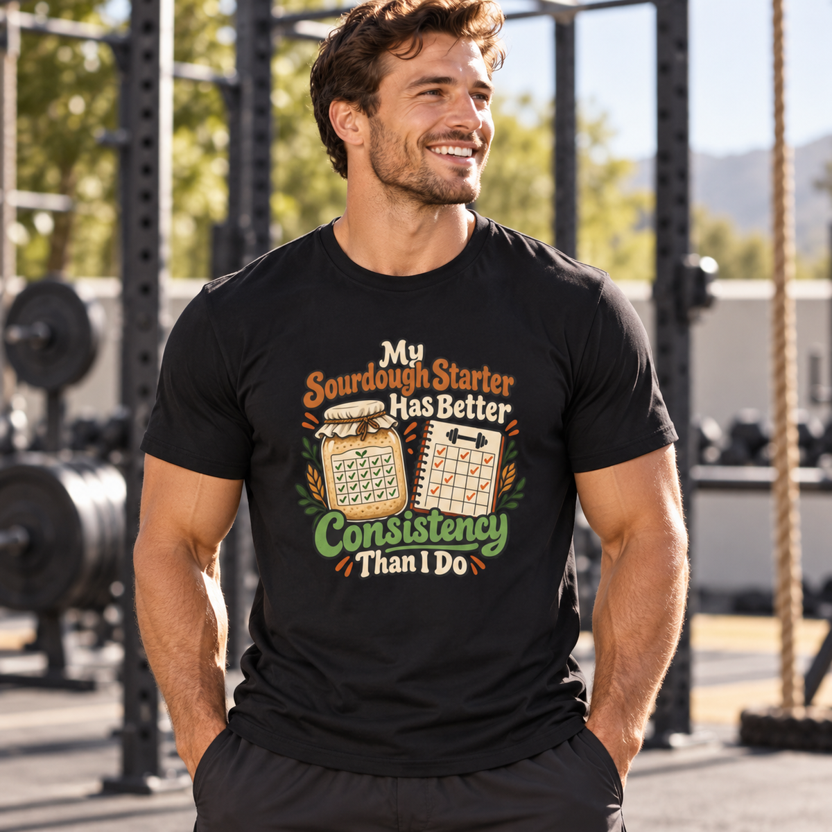 Male lifestyle mockup — My Sourdough Starter Has Better Consistency Than I Do T-Shirt