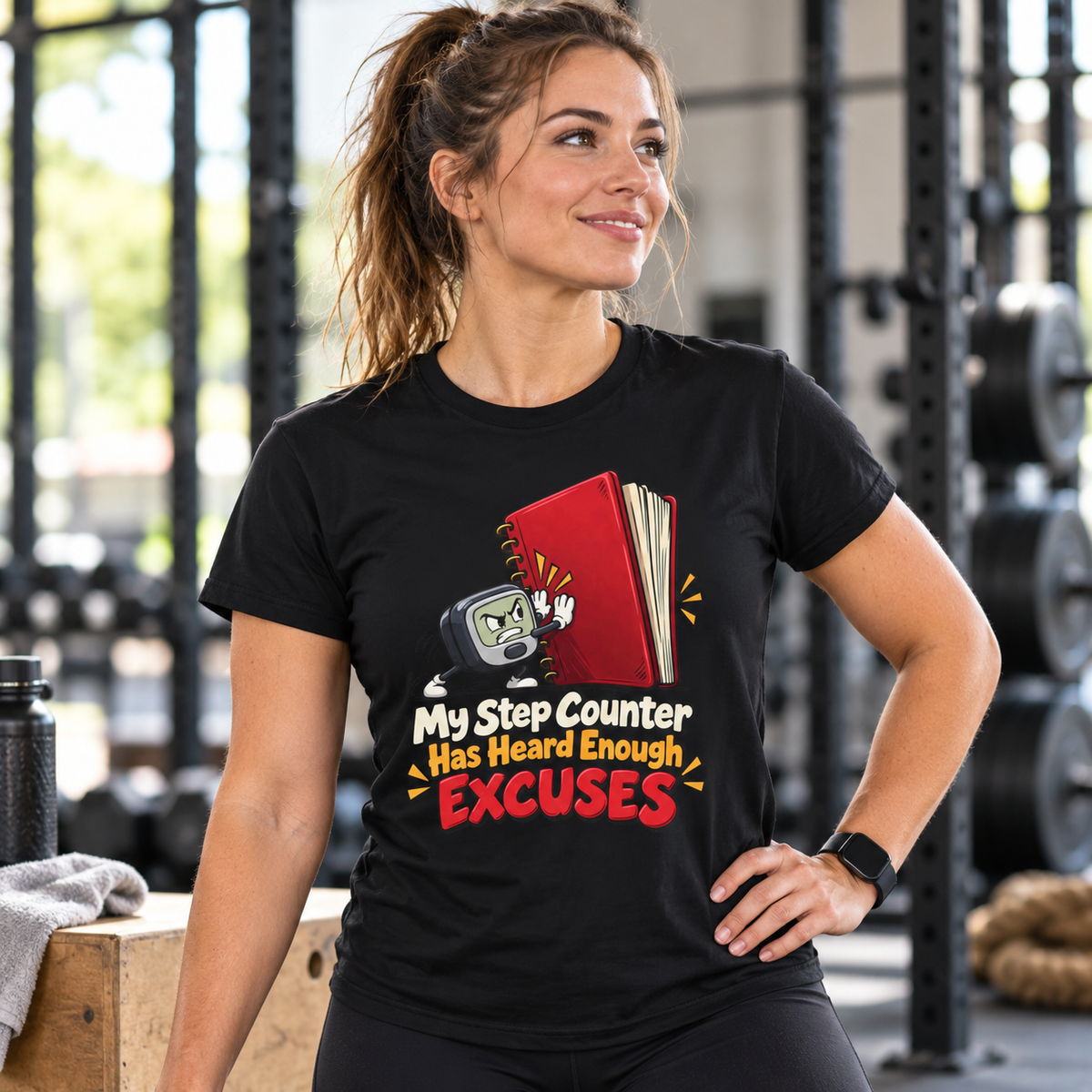 Female lifestyle mockup — My Step Counter Has Heard Enough Excuses T-Shirt