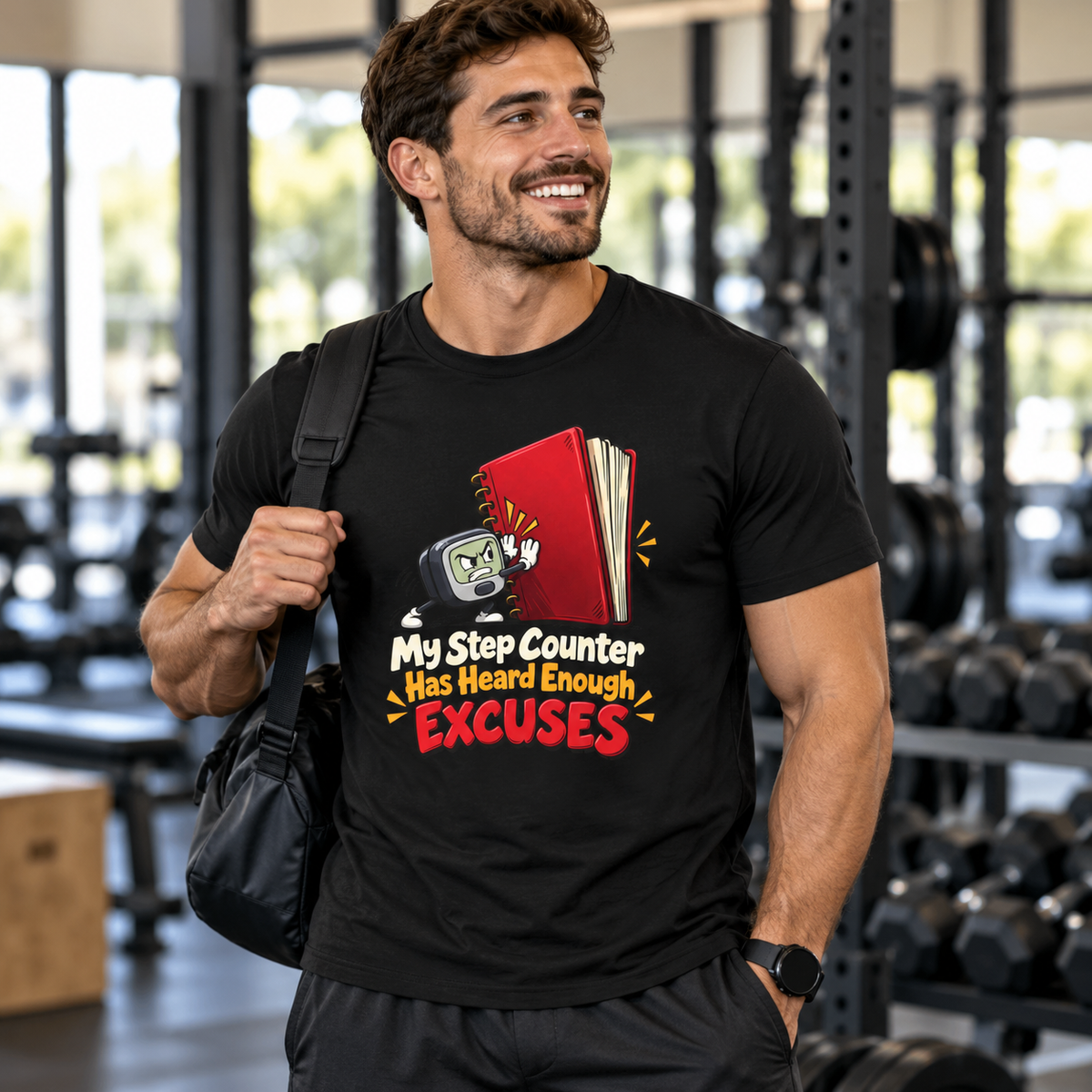 Male lifestyle mockup — My Step Counter Has Heard Enough Excuses T-Shirt