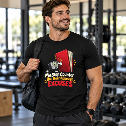 Male lifestyle mockup — My Step Counter Has Heard Enough Excuses T-Shirt
