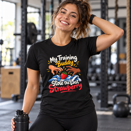 Female lifestyle mockup — My Training Buddy Stole the Last Strawberry T-Shirt