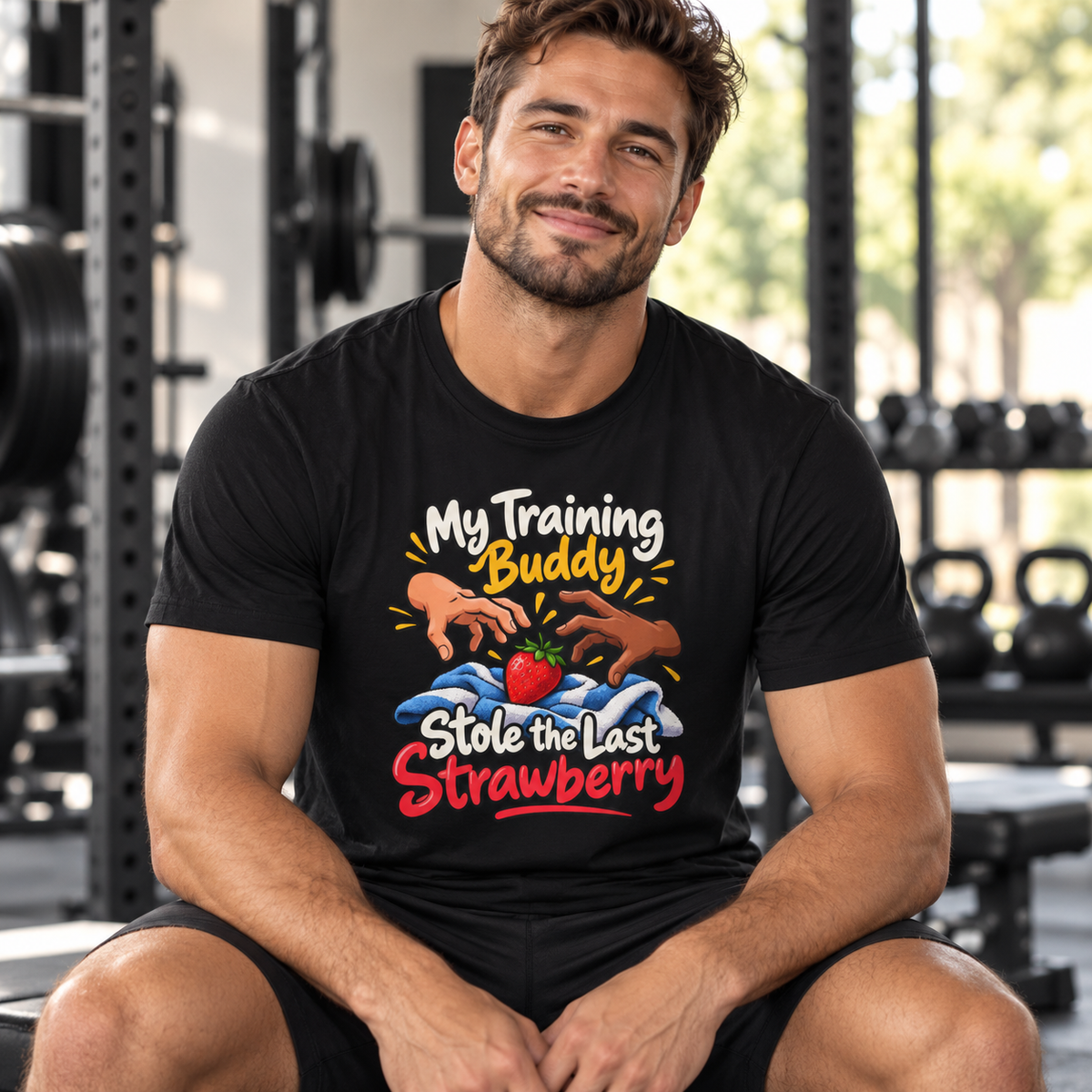 Male lifestyle mockup — My Training Buddy Stole the Last Strawberry T-Shirt