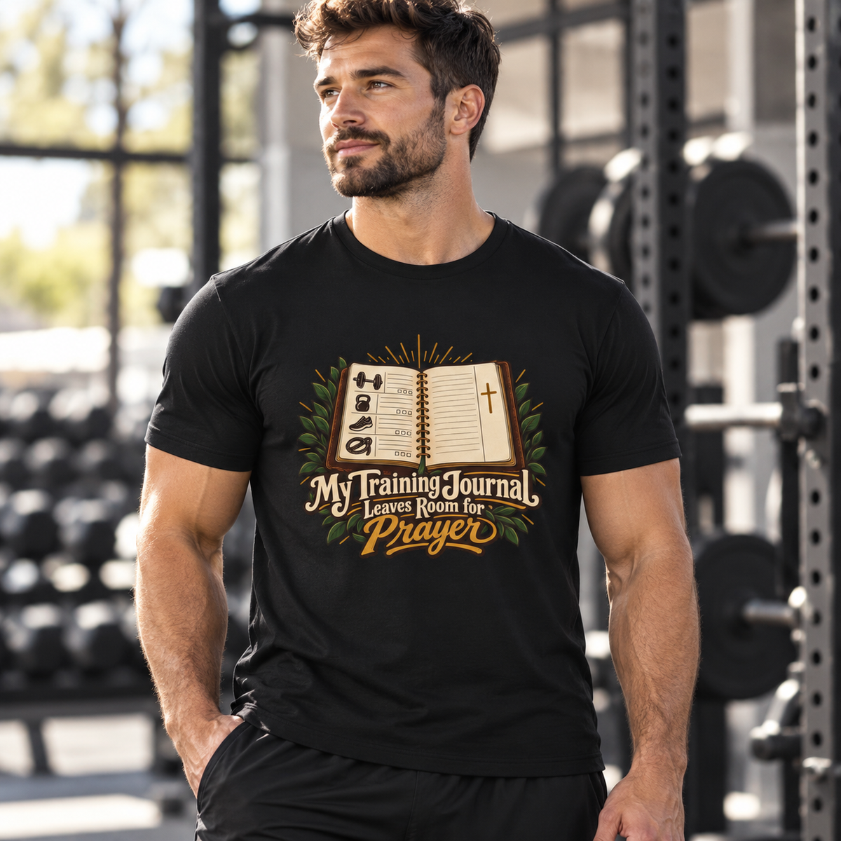 Male lifestyle mockup — My Training Journal Leaves Room for Prayer T-Shirt