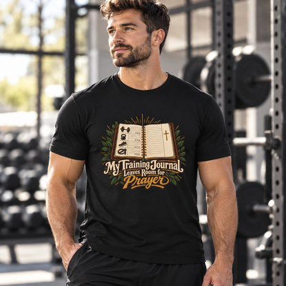 Male lifestyle mockup — My Training Journal Leaves Room for Prayer T-Shirt