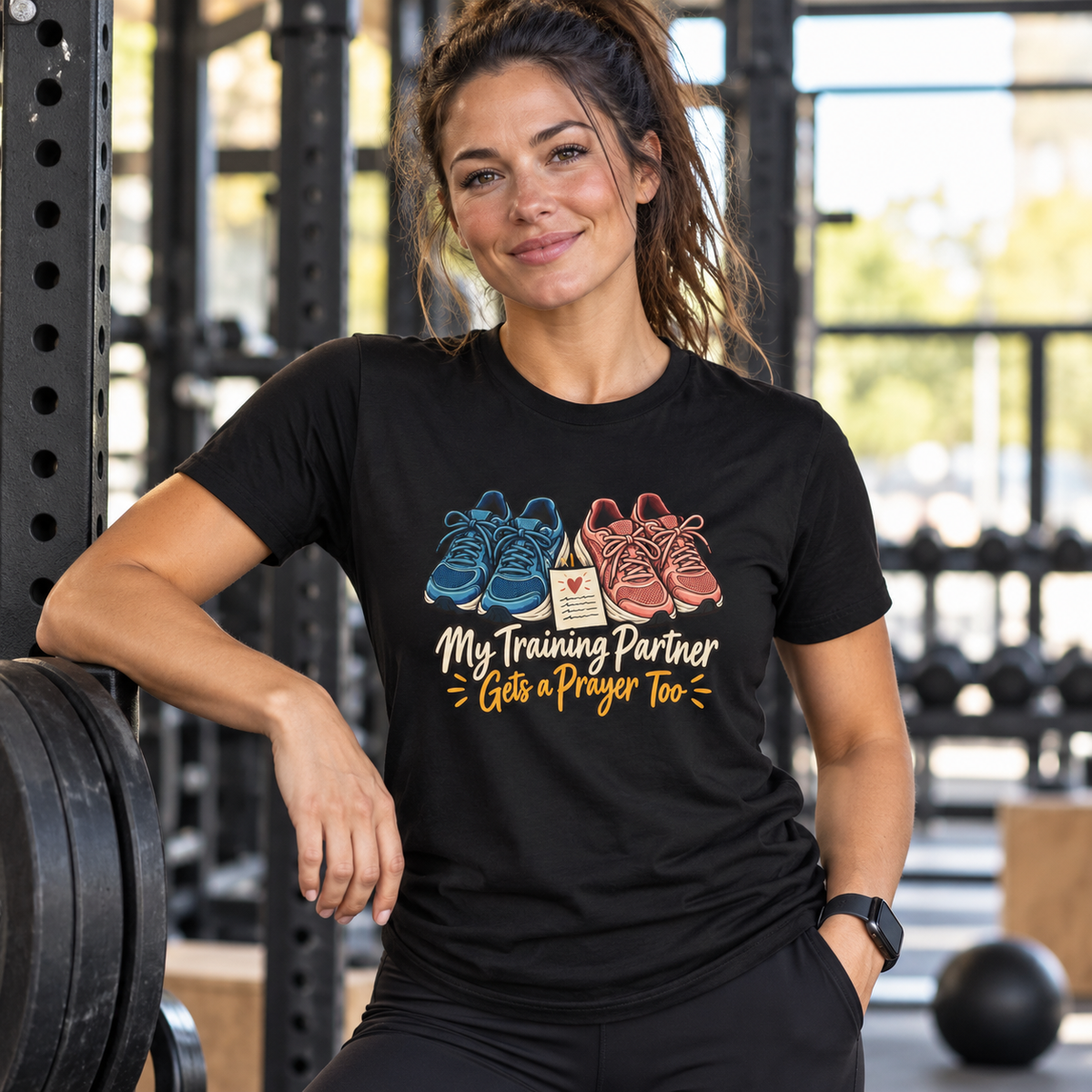 Female lifestyle mockup — My Training Partner Gets a Prayer Too T-Shirt