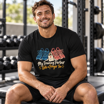 Male lifestyle mockup — My Training Partner Gets a Prayer Too T-Shirt