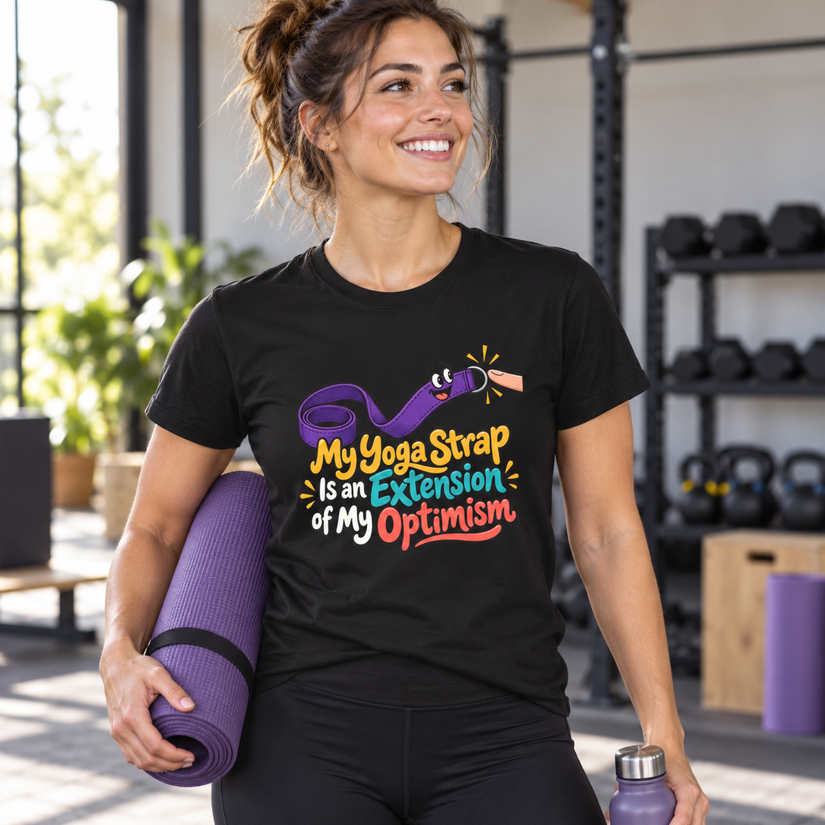 Female lifestyle mockup — My Yoga Strap Is an Extension of My Optimism T-Shirt