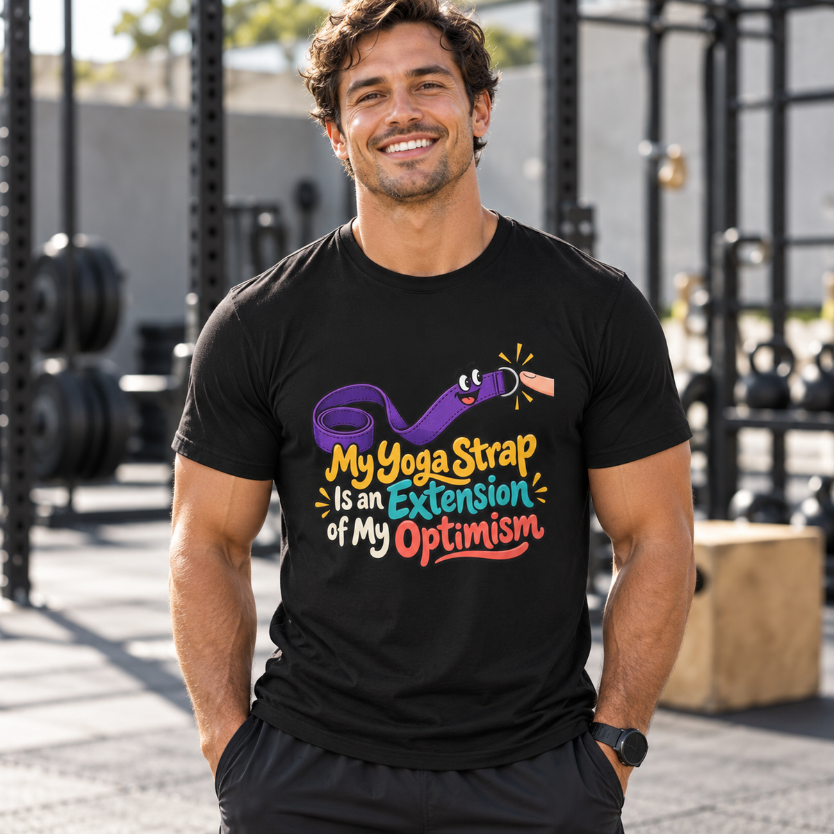 Male lifestyle mockup — My Yoga Strap Is an Extension of My Optimism T-Shirt