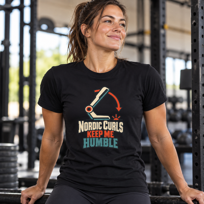 Female lifestyle mockup — Nordic Curls Keep Me Humble T-Shirt