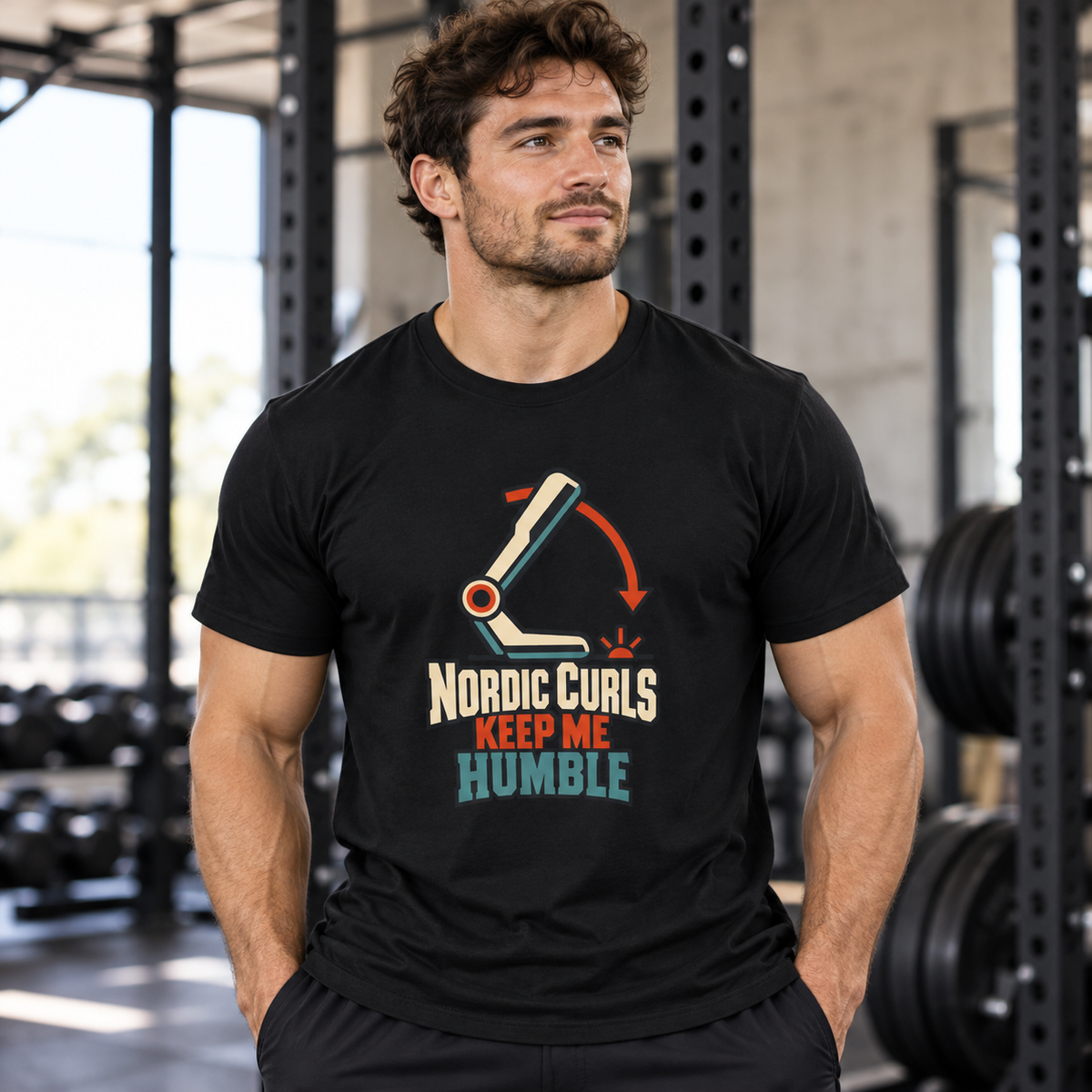 Male lifestyle mockup — Nordic Curls Keep Me Humble T-Shirt