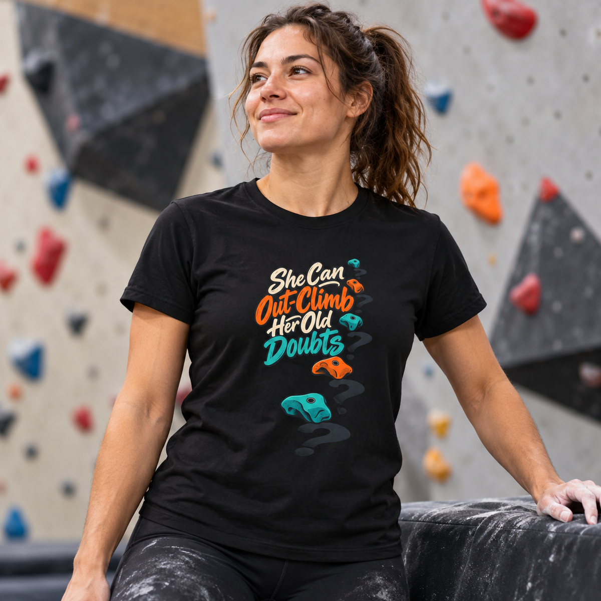Female lifestyle mockup — She Can Out-Climb Her Old Doubts T-Shirt
