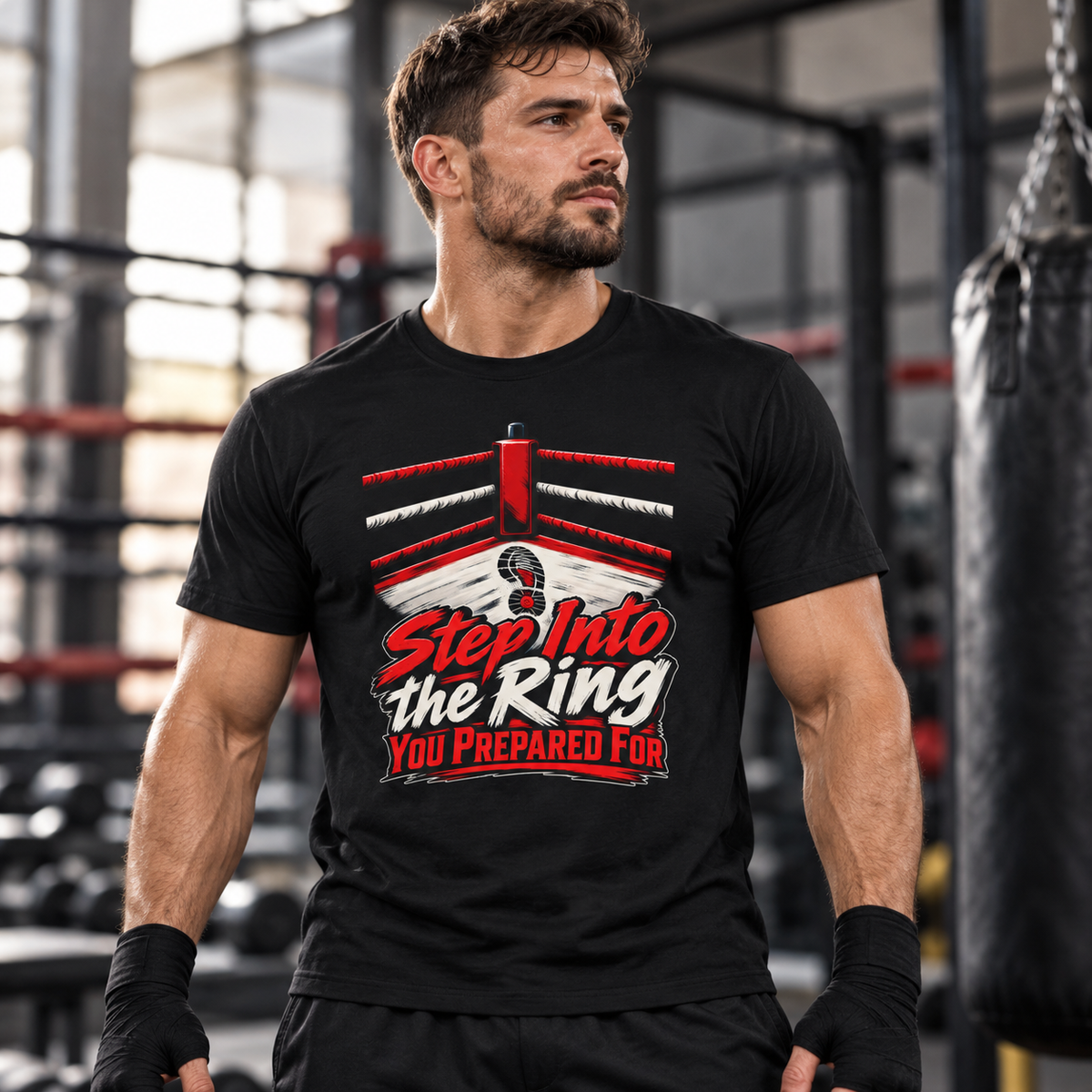 Male lifestyle mockup — Step Into the Ring You Prepared For T-Shirt