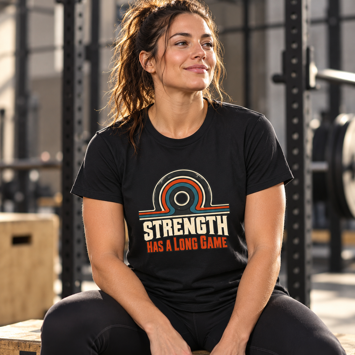 Female lifestyle mockup — Strength Has a Long Game T-Shirt