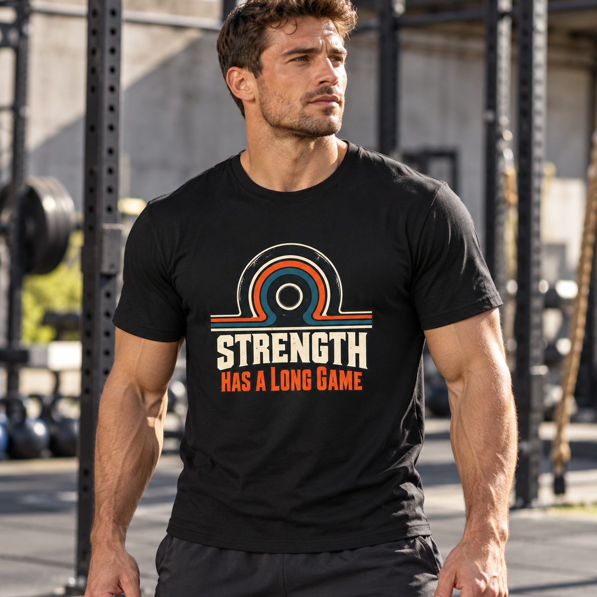 Male lifestyle mockup — Strength Has a Long Game T-Shirt