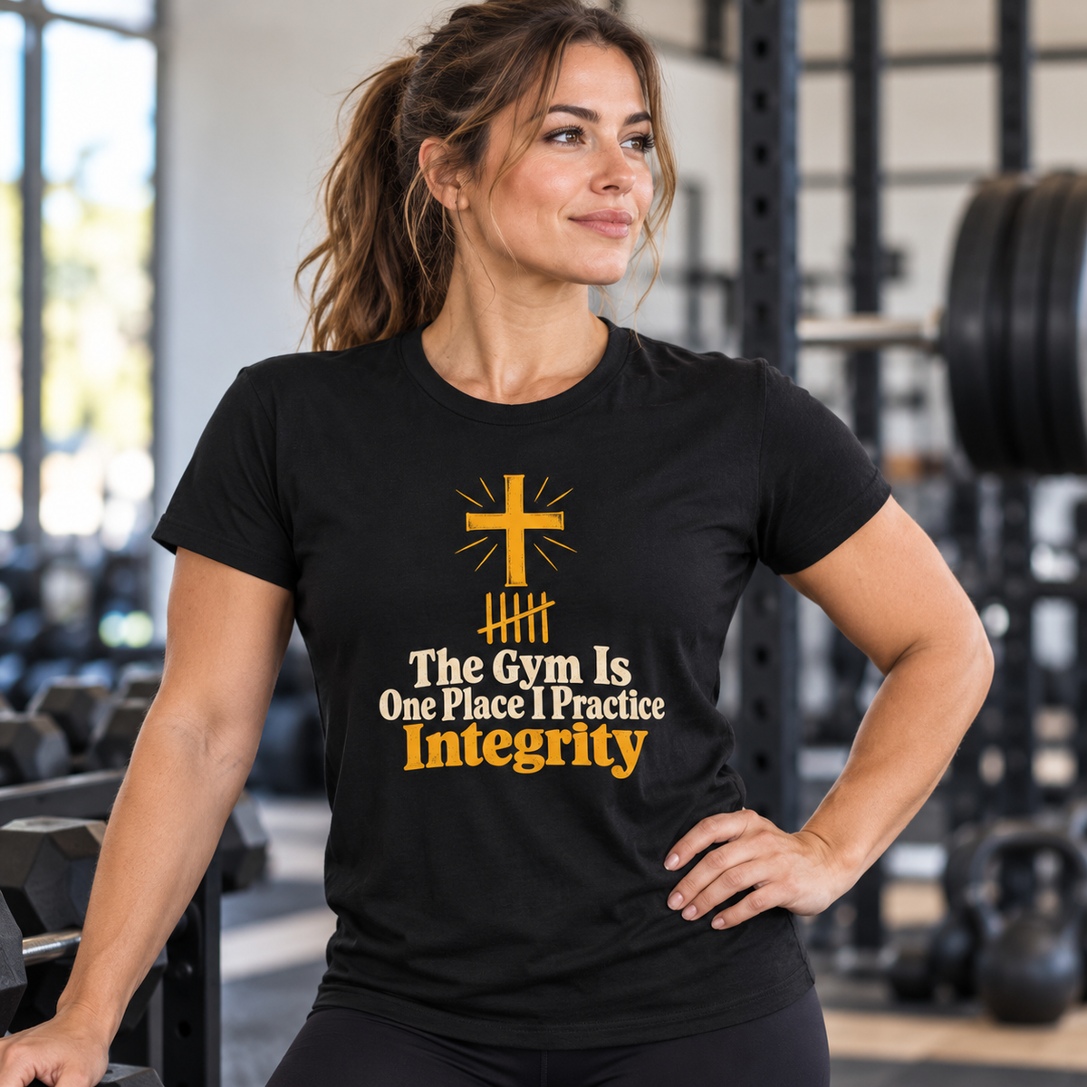 Female lifestyle mockup — The Gym Is One Place I Practice Integrity T-Shirt