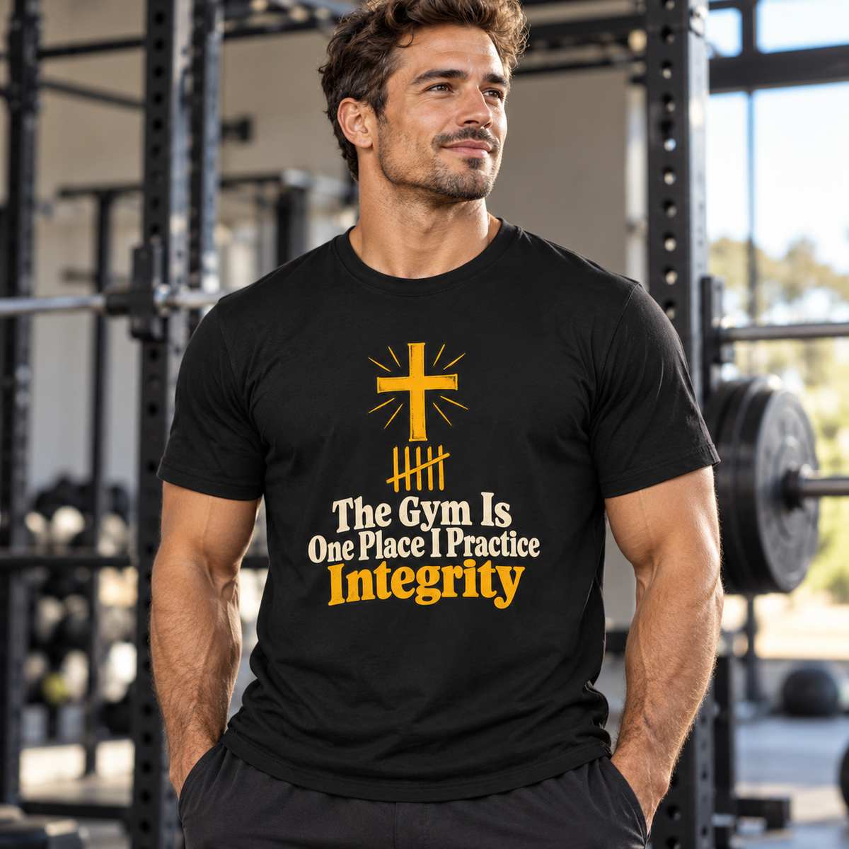 Male lifestyle mockup — The Gym Is One Place I Practice Integrity T-Shirt