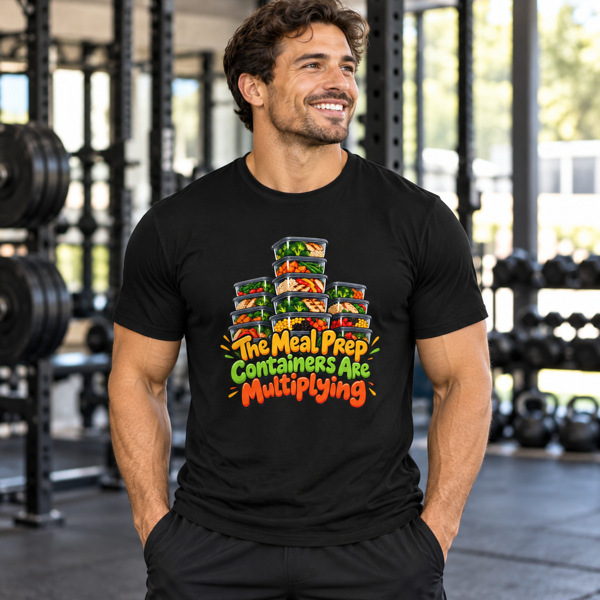 Male lifestyle mockup — The Meal Prep Containers Are Multiplying T-Shirt