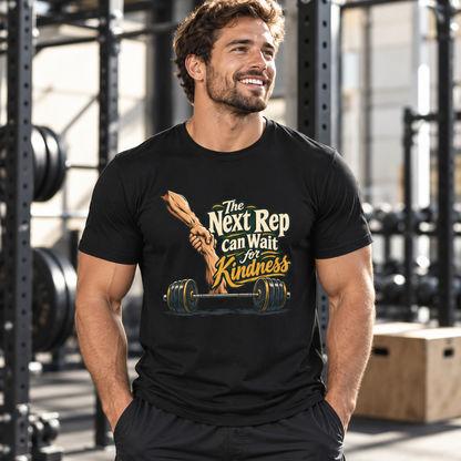 Male lifestyle mockup — The Next Rep Can Wait for Kindness T-Shirt