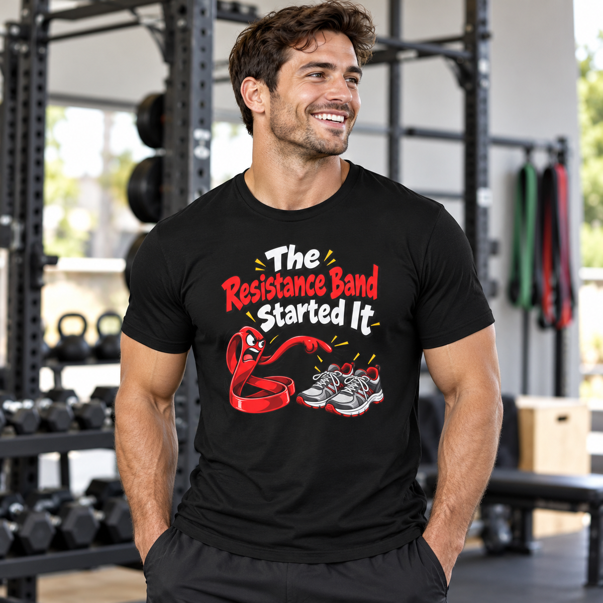 Male lifestyle mockup — The Resistance Band Started It T-Shirt