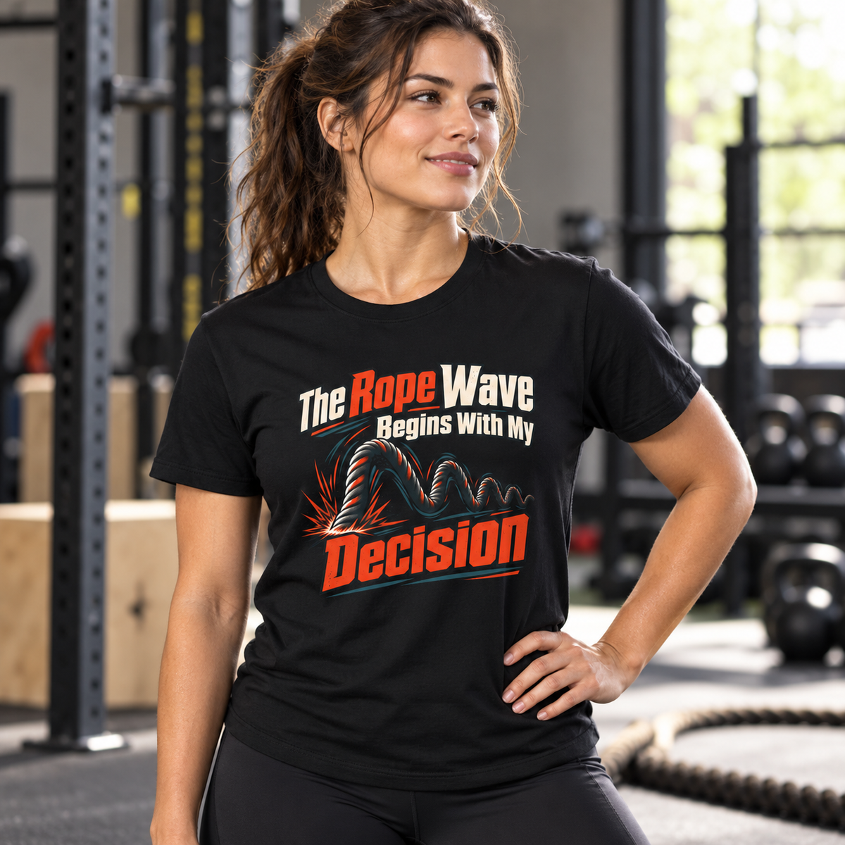 Female lifestyle mockup — The Rope Wave Begins with My Decision T-Shirt