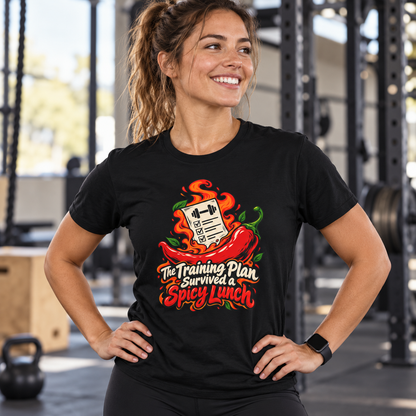 Female lifestyle mockup — The Training Plan Survived a Spicy Lunch T-Shirt