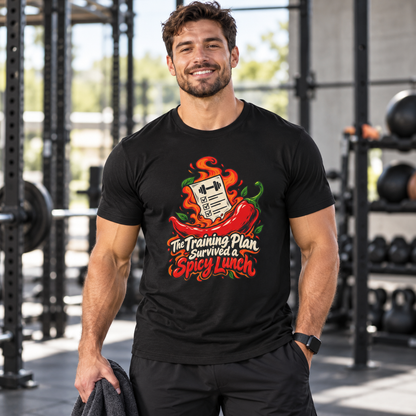 Male lifestyle mockup — The Training Plan Survived a Spicy Lunch T-Shirt