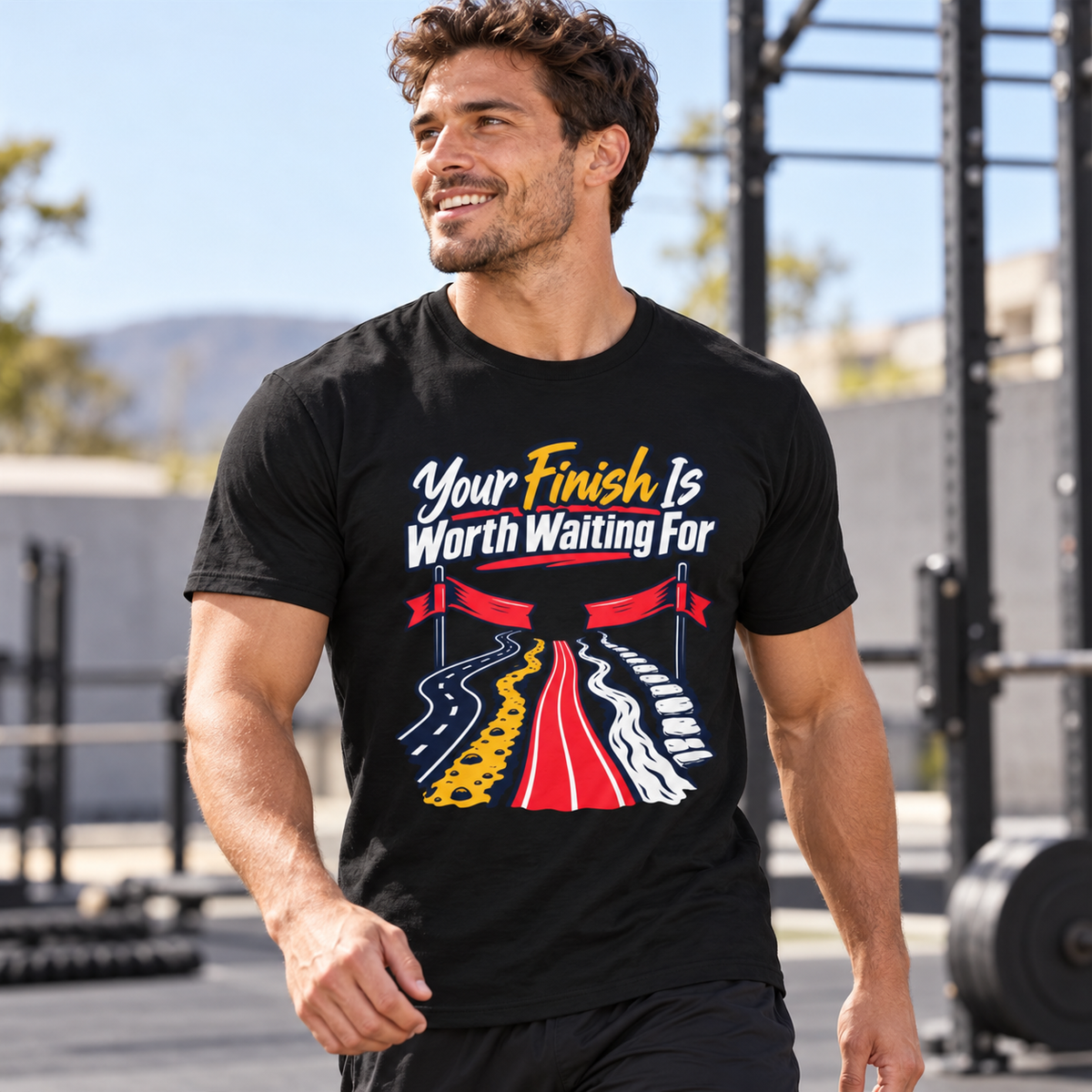 Male lifestyle mockup — Your Finish Is Worth Waiting For T-Shirt