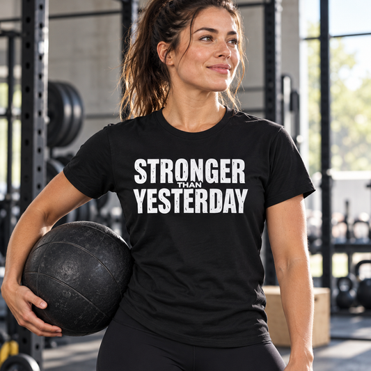 Female lifestyle mockup — Stronger Than Yesterday - Motivational Tee