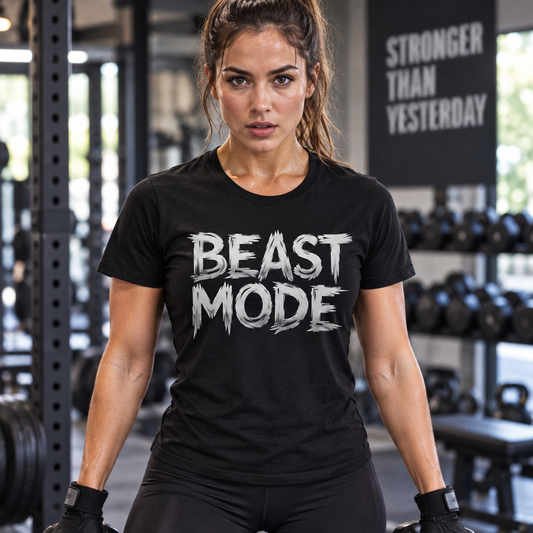 Lifestyle mockup of the Beast Mode fitness tee on a female athlete.