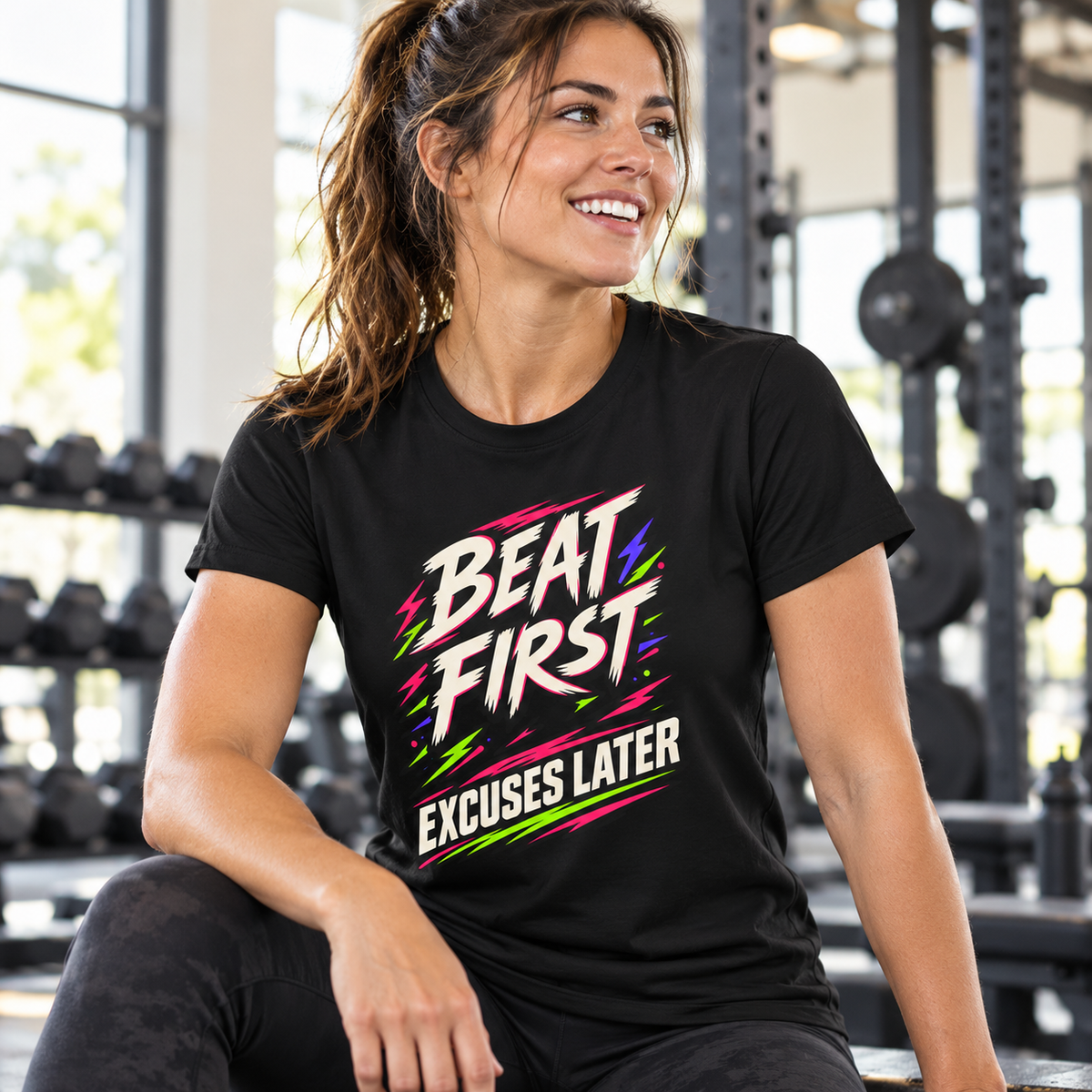 Female lifestyle mockup — Beat First, Excuses Later